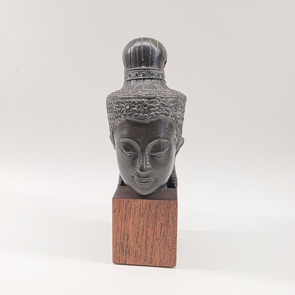 Vintage Thai Buddha Head Bust Sculpture on Wood Base Unknown Material Figurine
